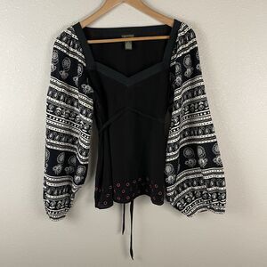 Fei Blouse Womens 8 Black Silk Embroidered Sweetheart Lined Anthropologie